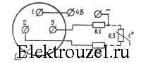 Схема электрическая соединений логометра при двухпроводном подключении термопреобразователя сопротивления для логометра Ш69001