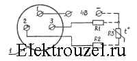 Схема электрическая соединений логометра при трехпроводном подключении термопреобразователя сопротивления для логометра Ш69001